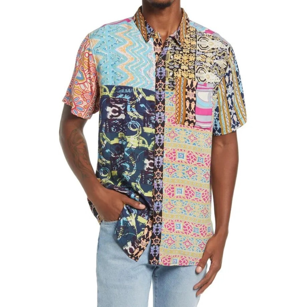 Rolla's Bon Patchwork Button Up Shirt Multicolor Viscose Short Sleeve Blue XL